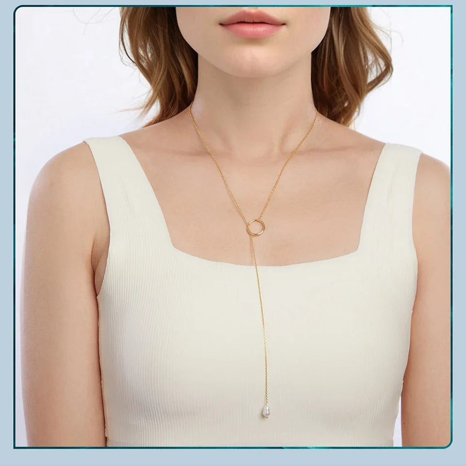 925 Sterling Silver Long Necklace, Gold Plated Y Lariat Long Chain Pearl Drop Necklace Gift for Her BSN427, 23.6"