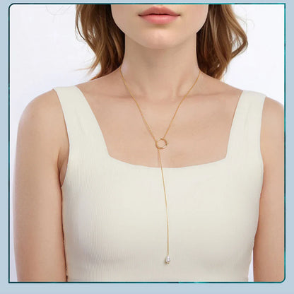 925 Sterling Silver Long Necklace, Gold Plated Y Lariat Long Chain Pearl Drop Necklace Gift for Her BSN427, 23.6"