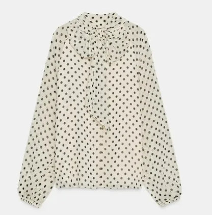 Polka Dot Printed Women Shirt 2026 Spring New Bow Tied Blouse Woman Tops Lady Ruffles Long Sleeve Loose Elegant Blouses Top ﻿
