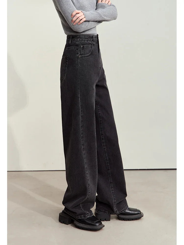 Minimalism Women's Jeans 2024 Autumn New Casual Cotton Denim Pants Retro Trendy Loose Straight Wide-leg Trousers 12443249