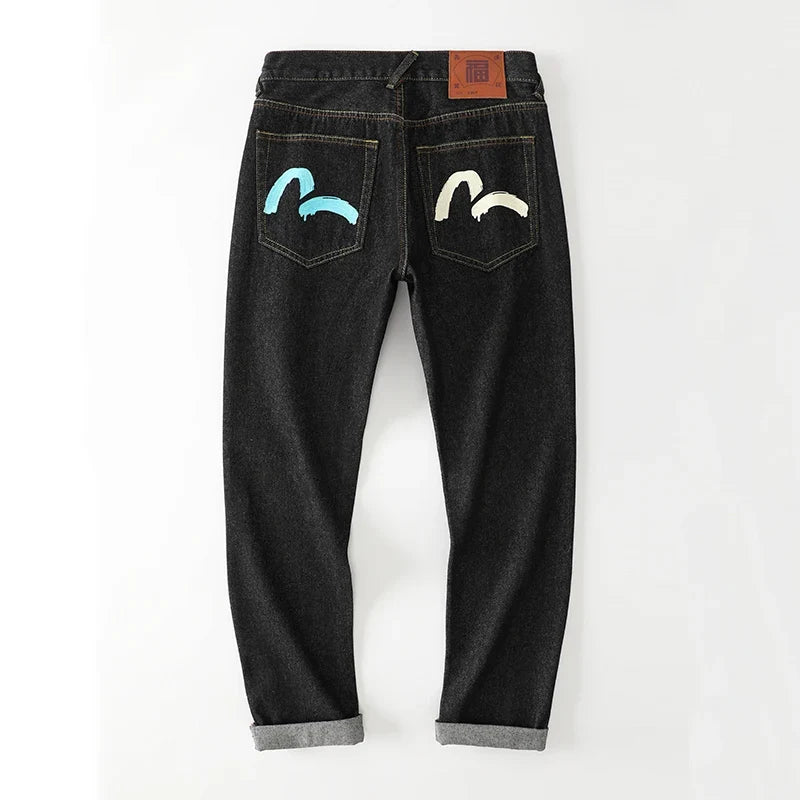 Japanese Handmade Embroidered Jeans Men's Pure Cotton Straight Tube Hip-Hop Popular Slim Red Ears Show Thin Trousers Devil Big M