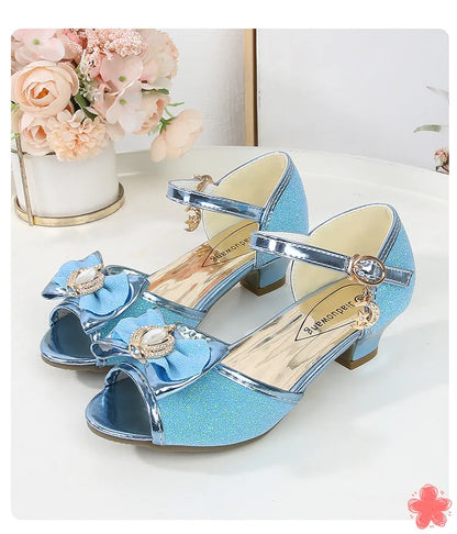 Girls Princess Sandals Summer Open-toe Elegant Children High Heels Fashion Sequins Crown Kids Causal Glitter Wedding Dress Shoes