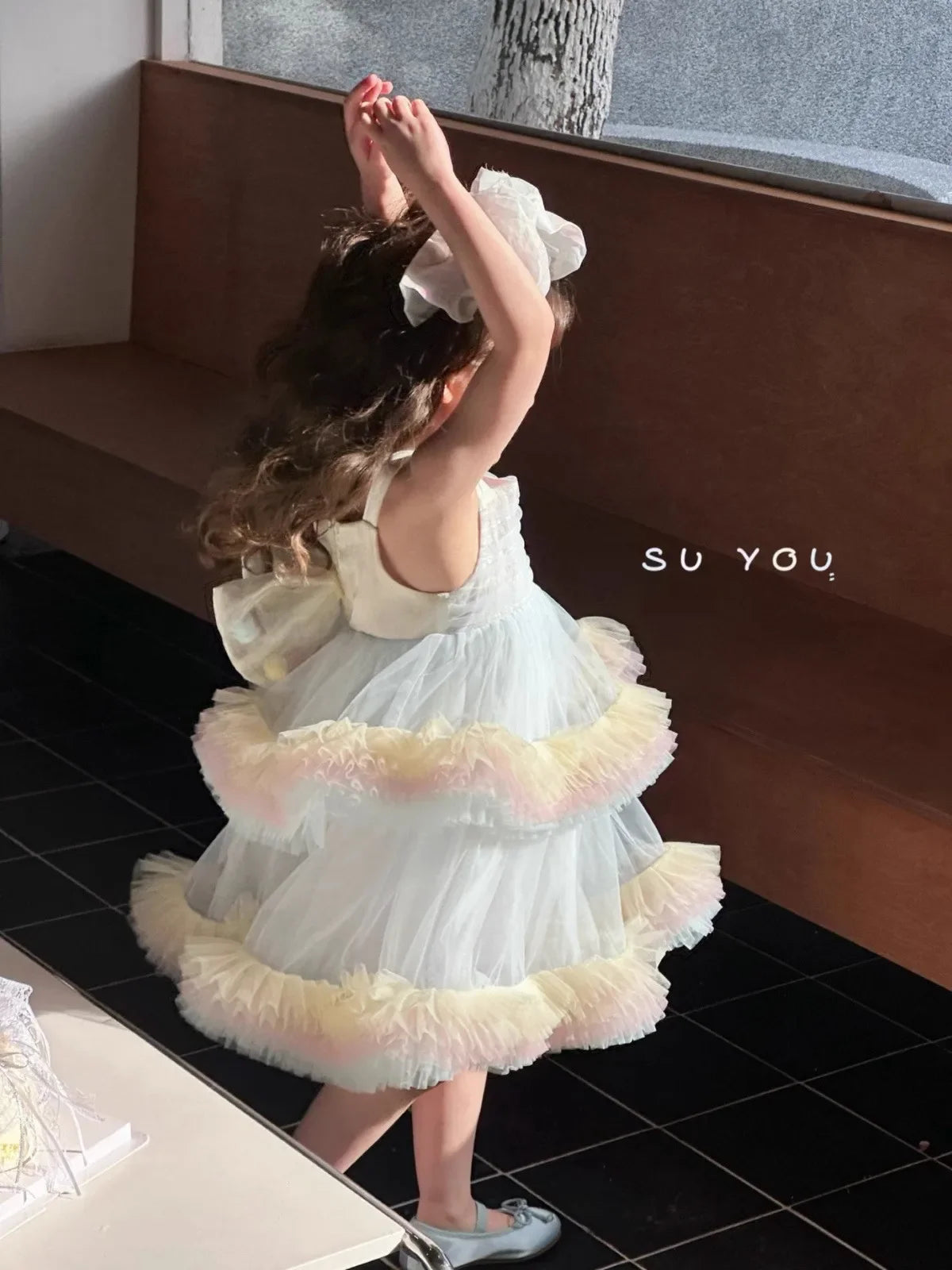 Sweet Baby Girls Elegant Rainbow Gradient Tutu Princess Cake Sundress Kids Tulle Ruffle Trim Puffy Birthday Party Casual Gown
