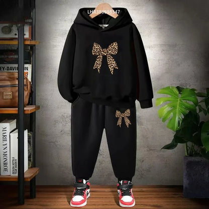 Bow Print Girls Red Hoodie Children 3-12 Years Boys Casual Tops+Pants Sets Long Sleeves Autumn Fashion Kids Long Sleeves Clothes