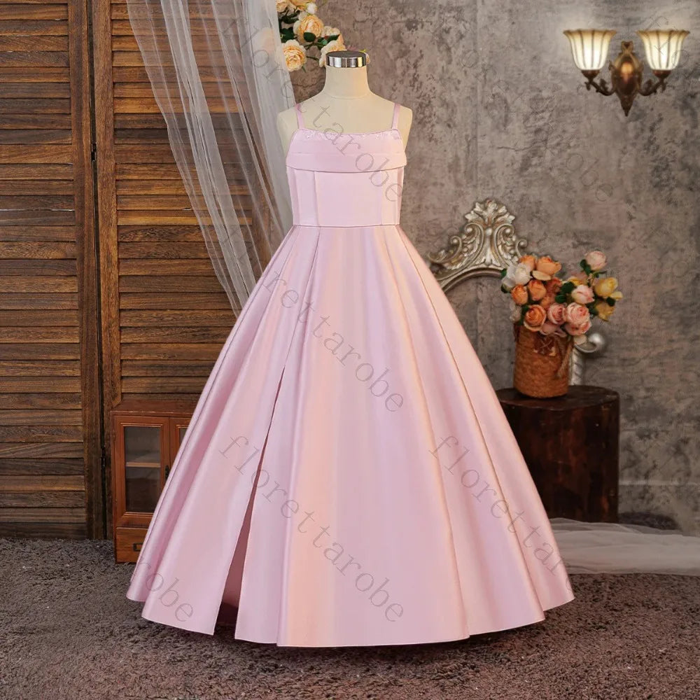 Customized Pink Satin A Line Girls Dress 2026 Spaghetti Strap High Slit Princess Gown for Wedding Baptism First Communion Party