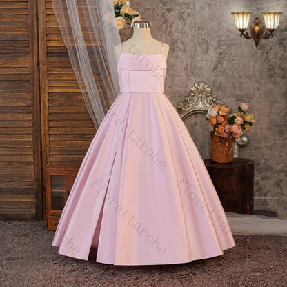 Customized Pink Satin A Line Girls Dress 2026 Spaghetti Strap High Slit Princess Gown for Wedding Baptism First Communion Party