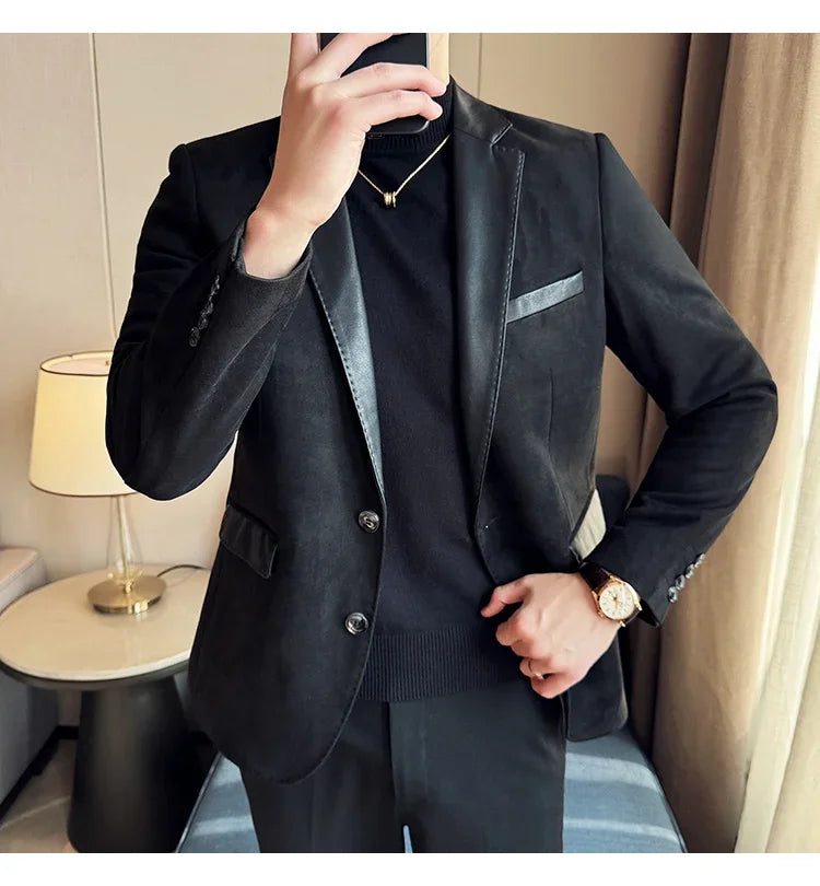 High Quality Deerskin Velvet Splicing Leather Collar Suit Blazers Men Casual Business Slim Coats Mens Social Wedding Clothing
