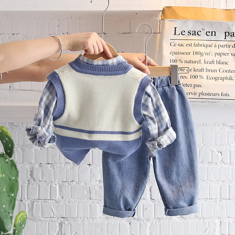 New Spring Autumn Baby Clothes Suit Children Boys Fashion Plaid Shirt Vest Pants 3Pcs/Set Toddler Casual Costume Kids Tracksuits