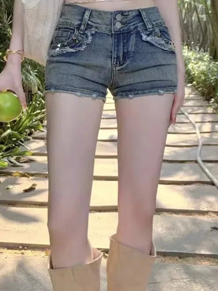 American vintage hot girl denim shorts female summer new low waist show thin high street design feeling pack hip ultra short hot