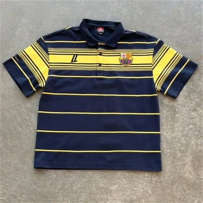 Y2k Retro Harajuku T Shirt Two Color Embroidered Logo Striped Patchwork Barca Polo Shirt Trendy Hiphop Men Women Oversized Tops