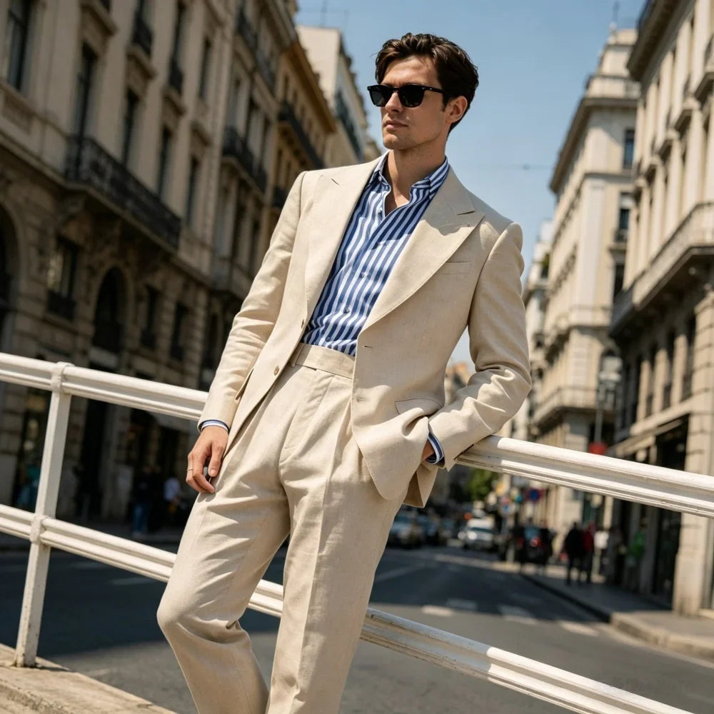 2 Pieces Summer Sage Green Linen Men Suits Relaxed Fit Peak Lapel Blazer With Pleated High Waist Pants For Casual Events