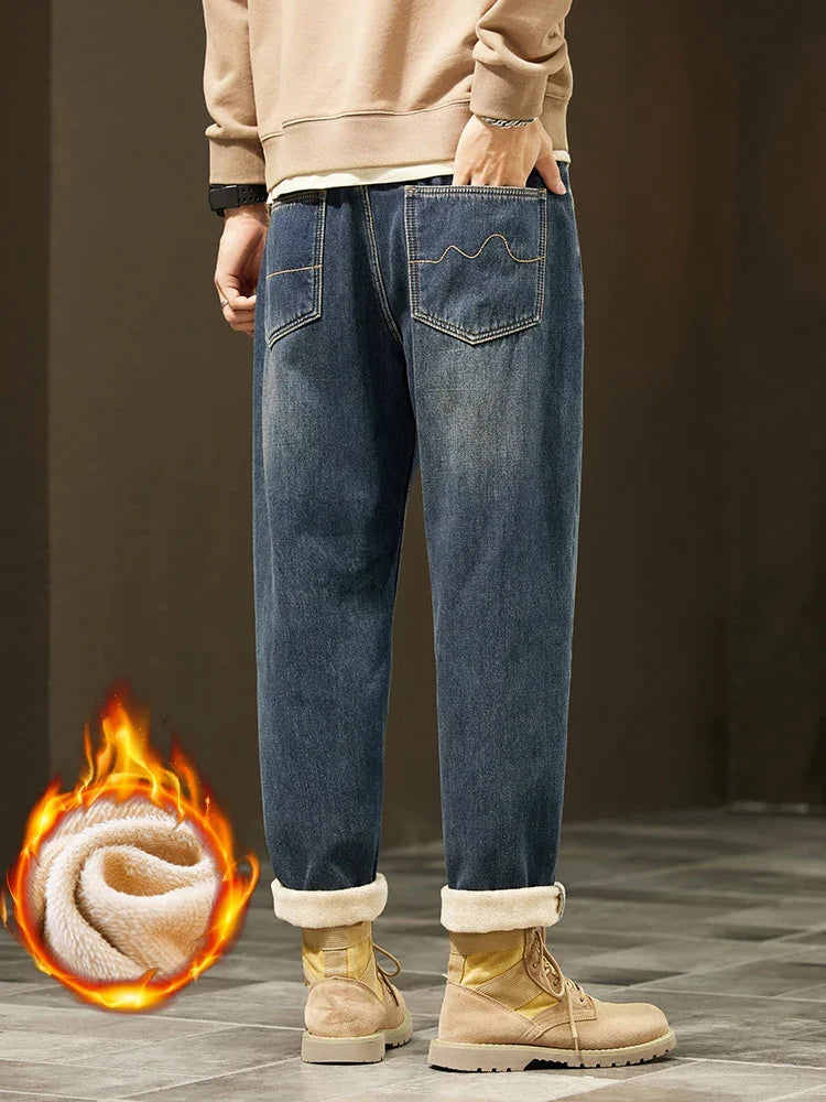 Retro Loose Winter Fleece Jeans Men's Warm Thicken Fashion Casual Denim Pants Comfortable Plush Velvet Thermal Male Trousers