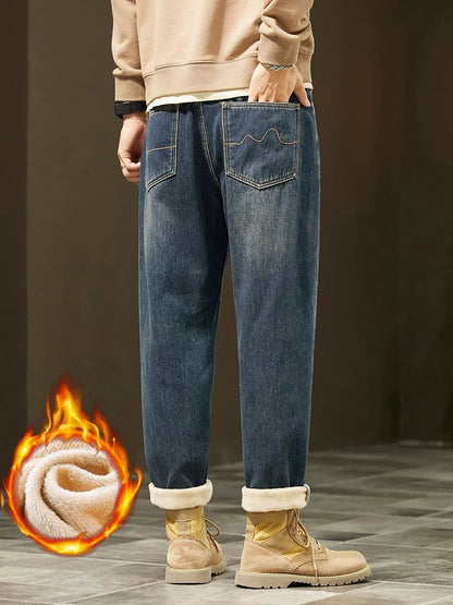 Retro Loose Winter Fleece Jeans Men's Warm Thicken Fashion Casual Denim Pants Comfortable Plush Velvet Thermal Male Trousers