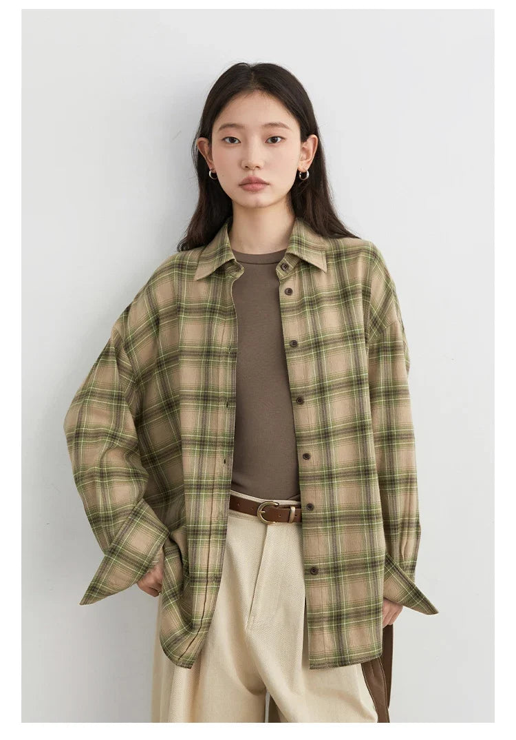 Women Shirts Loose Casual New Sanding Plaid Shirt Long Sleeve Medium Long Length Blouses Female Tops Spring Autumn 2025