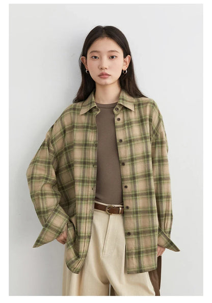 Women Shirts Loose Casual New Sanding Plaid Shirt Long Sleeve Medium Long Length Blouses Female Tops Spring Autumn 2025