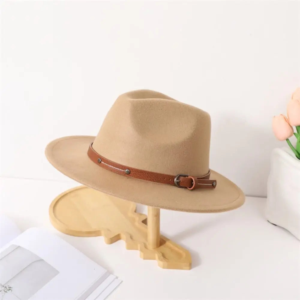 With Belt Buckle Felt Fedora Hats Fashion Vintage Wide Brim Panama Cap Soft Elegant Cowboy Cap Men Women
