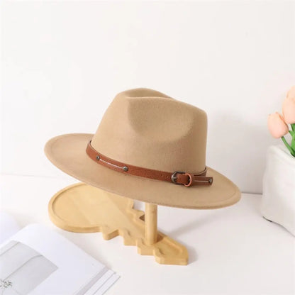 With Belt Buckle Felt Fedora Hats Fashion Vintage Wide Brim Panama Cap Soft Elegant Cowboy Cap Men Women