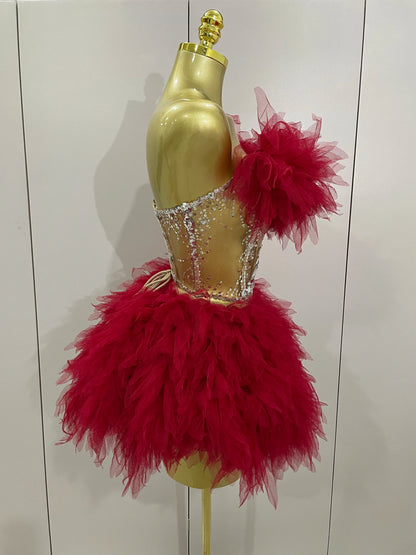 2025Women Sexy Backless Strap Mesh Fluffy Skirt 2 Pieces Diamond Sequins Stage Performance Costume Birthday Party Shooting Dress