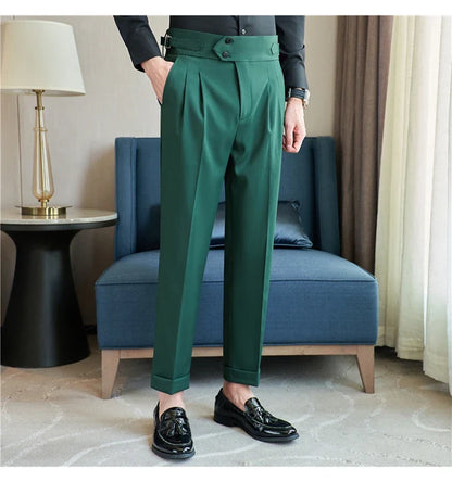 British Style Autumn New High Waist Trousers Men Belt Design Slim Fit Suit Pants Office Social Wedding Party Formal Pants Hommes