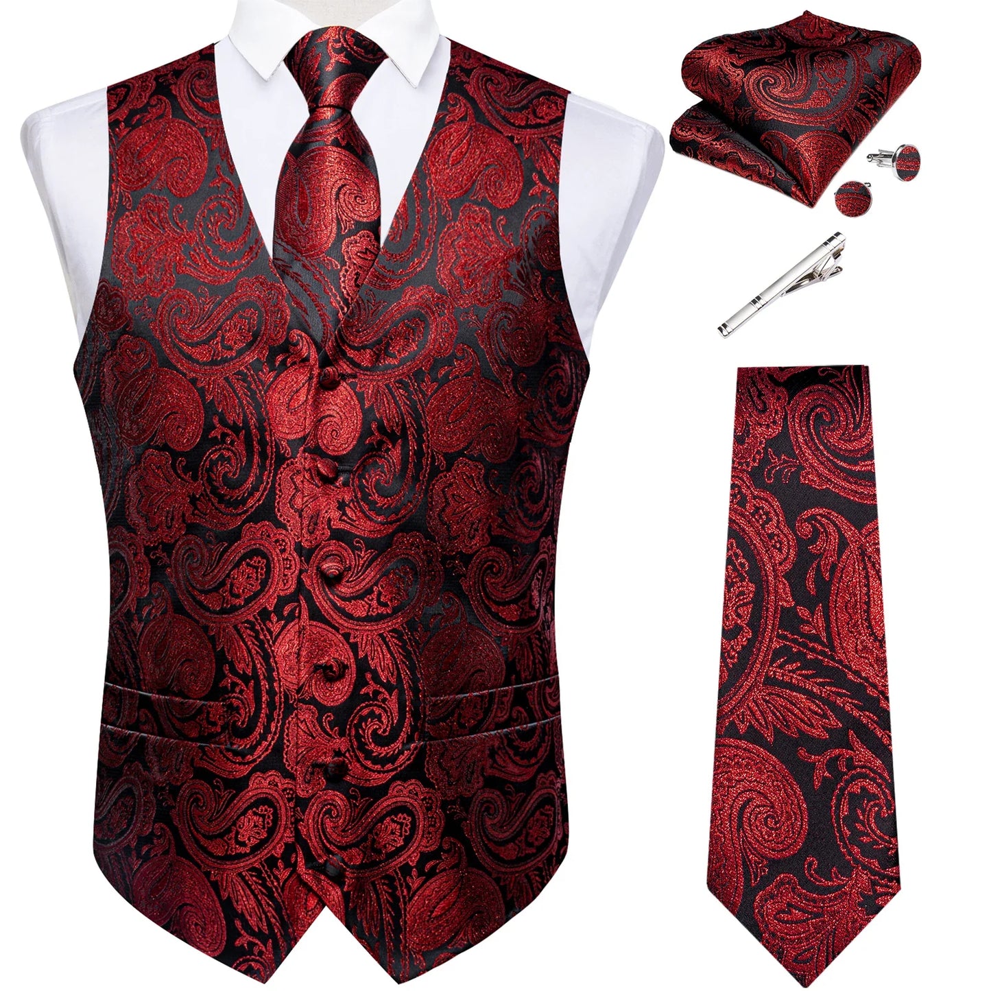 Suit Vest for Men Black Solid Paisley Wedding Prom Groom Jacquard Waistcoat with Necktie for Tuxedo Men Clothing