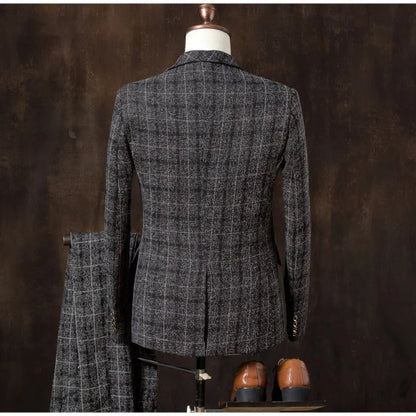 Formal Groom Wear 3 Piece (Blazer+ Vest + Pants) Men's Suit Fashion Business Gentleman Wedding Casual Plaid Cotton Linen Jacket