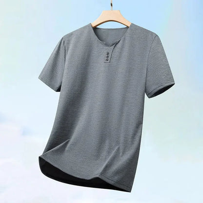 2026 New Men's Business Casual Three Button V-neck Short Sleeved T-shirt Korean Style Summer Comfortable Versatile Top