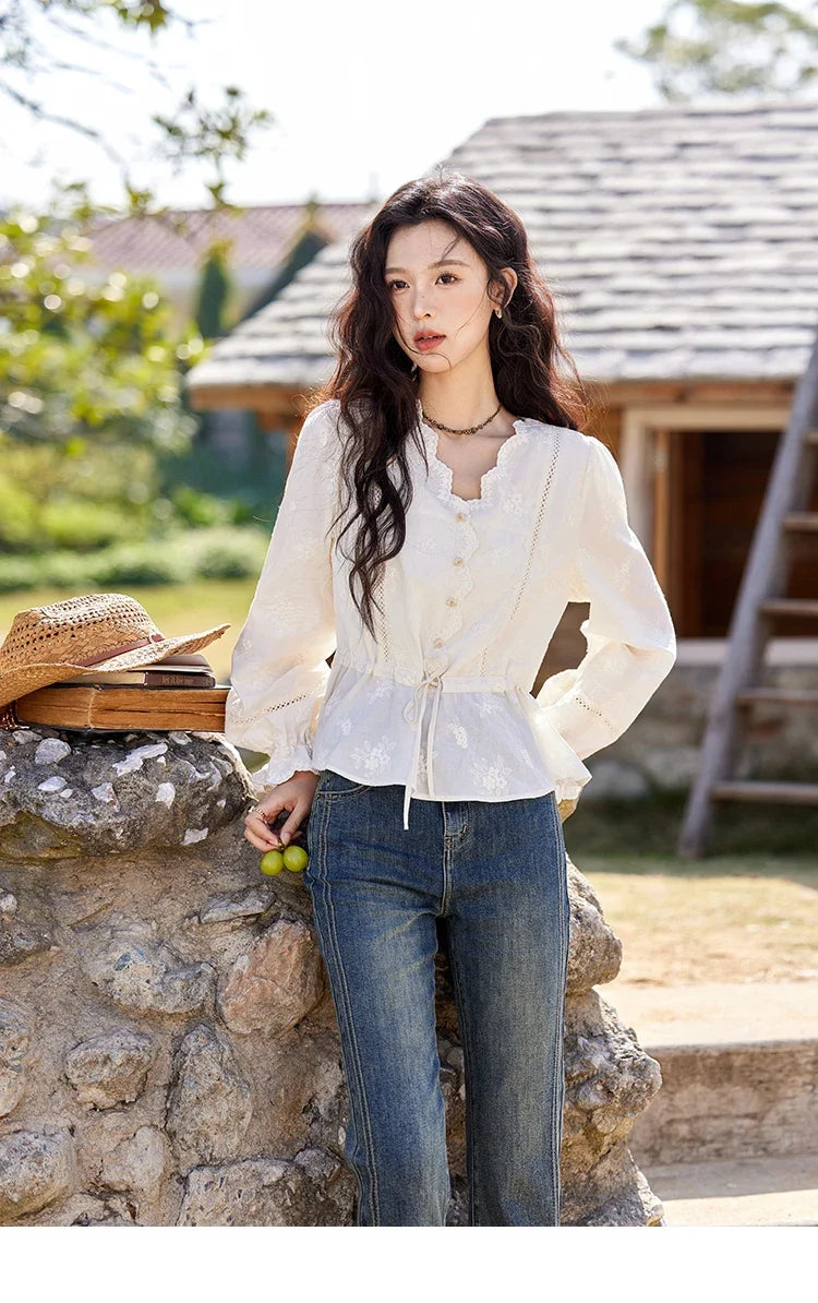 Embroidered Blouse Women 2025 Spring New French Elegant Apricot Lace Premium Drawstring Design V Neck Tops MXE11X1708