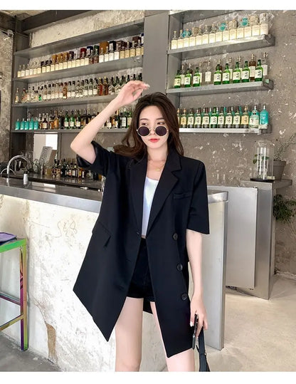 Korean Fashion Loose Thin Blazer Women Spring Autumn New Extra Large Mid Length Short Sleeved Women Coat Casual Outwear