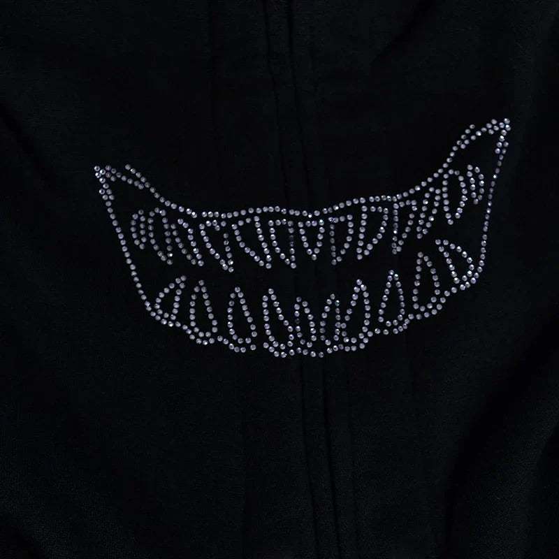 Y2K Rhinestone Cobweb Zip Up Oversized Sweatshirt 2022 Autumn Goth Hoodie Men Women Grunge Hooded Jacket Streetwear Y2K Clothing