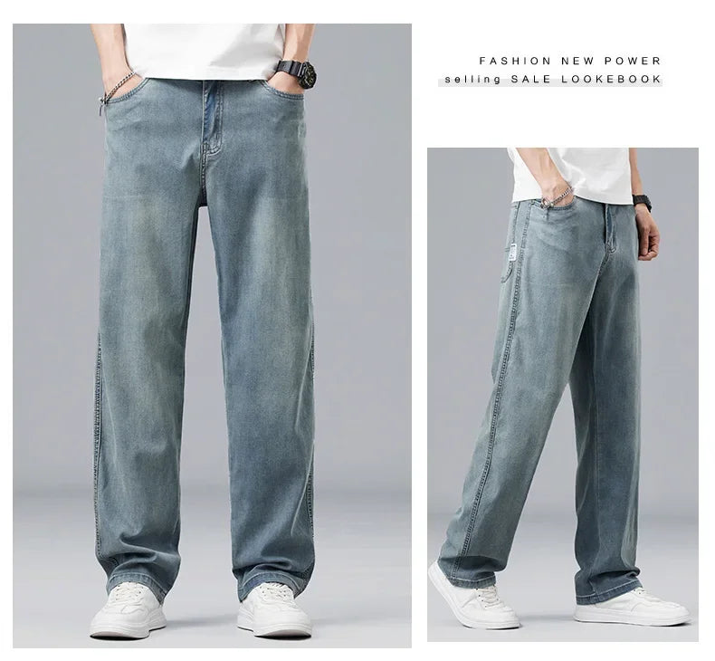 Lyocell Ultra-thin Summer Men's Jeans Elastic Ice Silk Drape Soft Loose Pants Straight Casual Denim Male Clothing Trousers