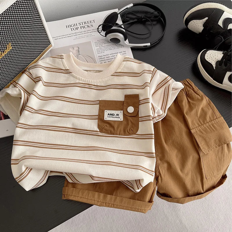 Children's Short Sleeved Round Neck Striped T-Shirt and Casual Shorts Set, Fashion Clothes, Summer, New, 0-5 Years Old