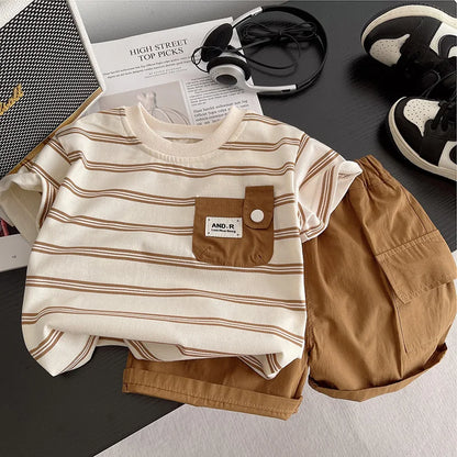 Children's Short Sleeved Round Neck Striped T-Shirt and Casual Shorts Set, Fashion Clothes, Summer, New, 0-5 Years Old