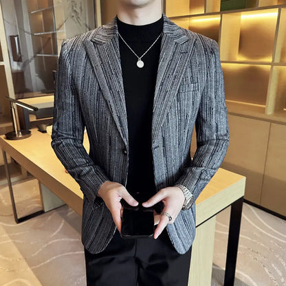 Fashion Meteor Line Checkered Elegant Suit Jacket Men Fashion De Luxe Business Slim Fit Single Breasted Social Party Dress Coats