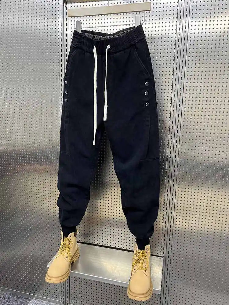 Drawstring Menswear Clothing Handsome Spring New Men's Jeans Korean Elastic Waist Buttons Decorative Fashion Harlan Pants Men