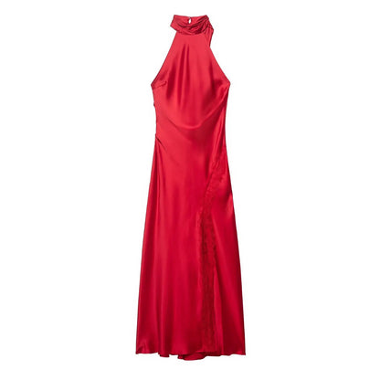 Women Halter Neck Sleeveless Backless Sexy Long Dress Summer Fashion Lace Splicing Decorative Hem Slit Solid Evening Dress