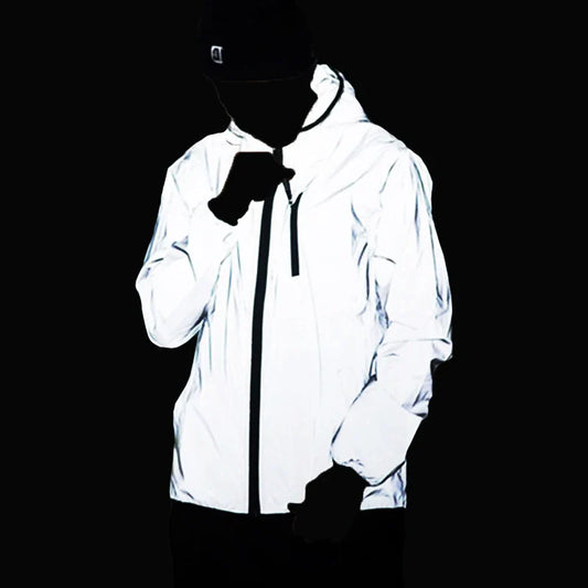 Night Reflective Hooded Jacket Men Women Couples Outdoor Casual Windproof Riding Running Coats Party Show Hip Hop Streetwear