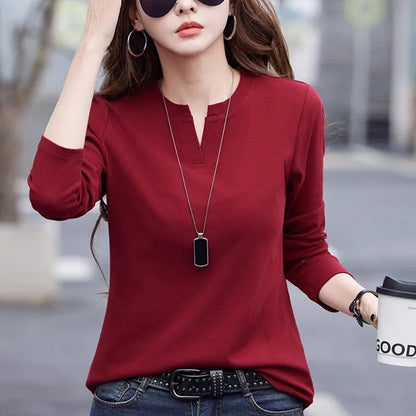 Spring and Autumn All Seasons Women's Long sleeved T-shirt Wine Red Pure Cotton New Fashion Large V-neck Slim fit Casual Top 3XL