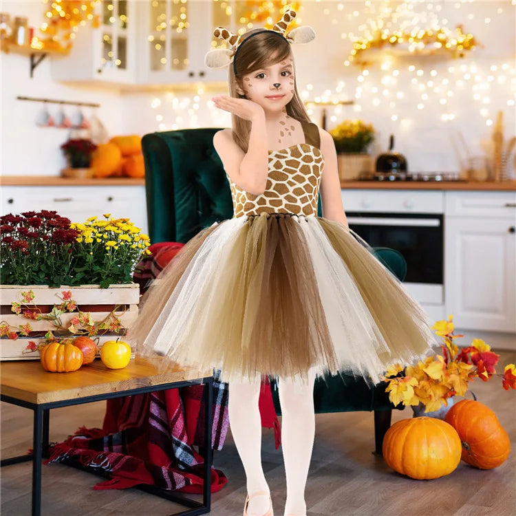 New Tutu Skirt Set Children's Clothing Animal Cos Elk Halloween Clothing Little Cat Mesh Girls' Dress School Performance Dress