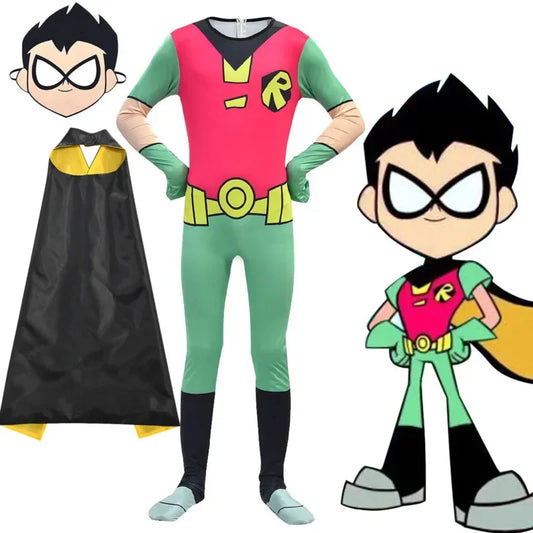 Halloween Costumes for Kids Teen Titans Go Robin Cosplay Boys Girls Bodysuit and cloak Cartoon Disfraces Carnival Party Clothing