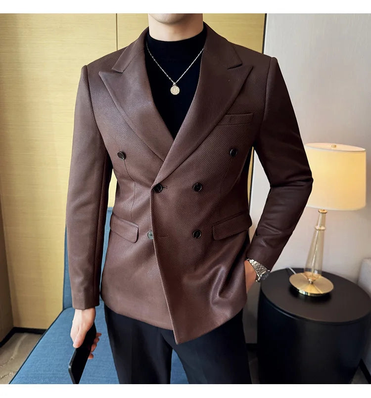 High Quality Men Double Breasted Blazer Suede Gilded Twill Slim Fit Business Social Formal Suit Jacket Tailcoats Men Clothes