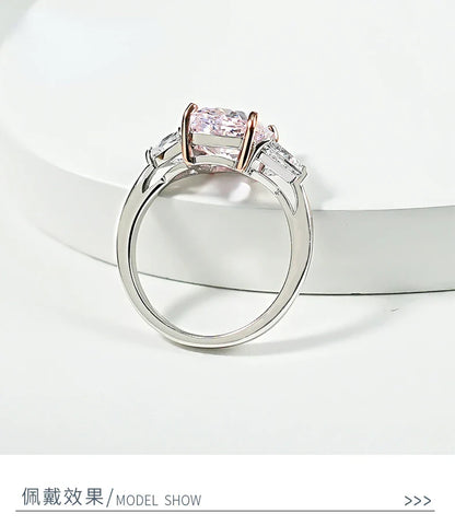 Luxury pink diamond Radian ice cut 925 silver ring set with high carbon diamond temperament versatile ice cut
