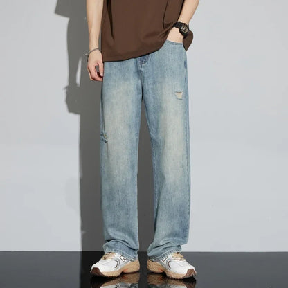 Korea Baggy Jeans Men's Vintage Straight Ripped Y2k Pants Fashion Frayed High Street Distressed Denim Trousers Male Clothes
