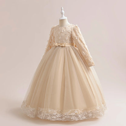 Long Sleeve Flower Bridesmaid Girls Dress Children Christmas Costume Lace Bow Princess Kids Dressees For Girl Party Wedding Gown