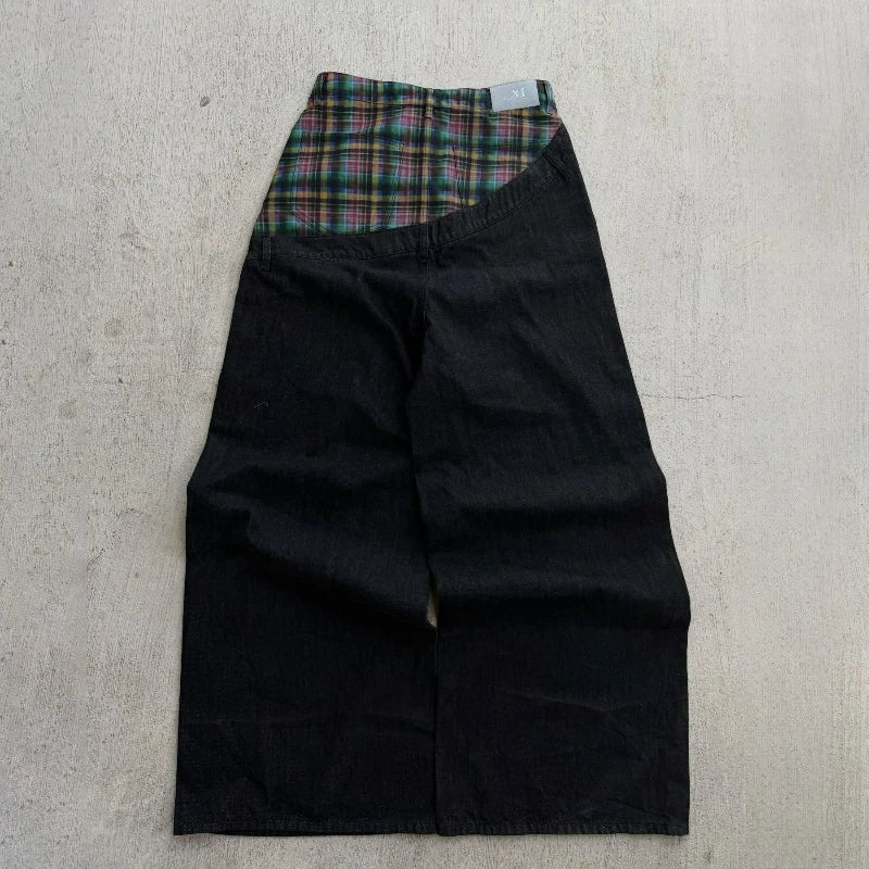 Y2k Slanted Runway Baggy Jeans Retro Plaid Patchwork Men Women Wide Leg Pants American Hip Hop Streetwear Unisex Casual Jeans