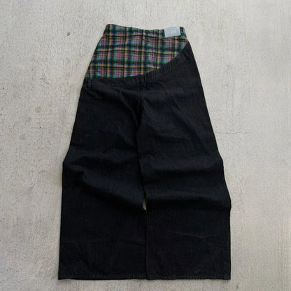 Y2k Slanted Runway Baggy Jeans Retro Plaid Patchwork Men Women Wide Leg Pants American Hip Hop Streetwear Unisex Casual Jeans