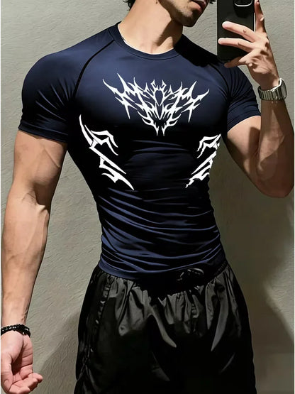 Men's sports tight short sleeved shirt with pink spider pattern print design, breathable, quick drying, sweat absorbing