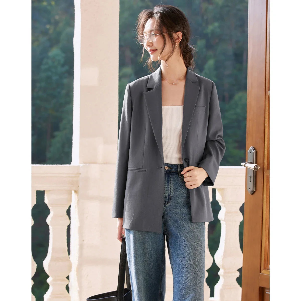 Blazer Woman Long Sleeve Notched Casual Suit Jacket Femmes 2026 Spring Fall Office Wear Loose Button Ladies Blazers A1062