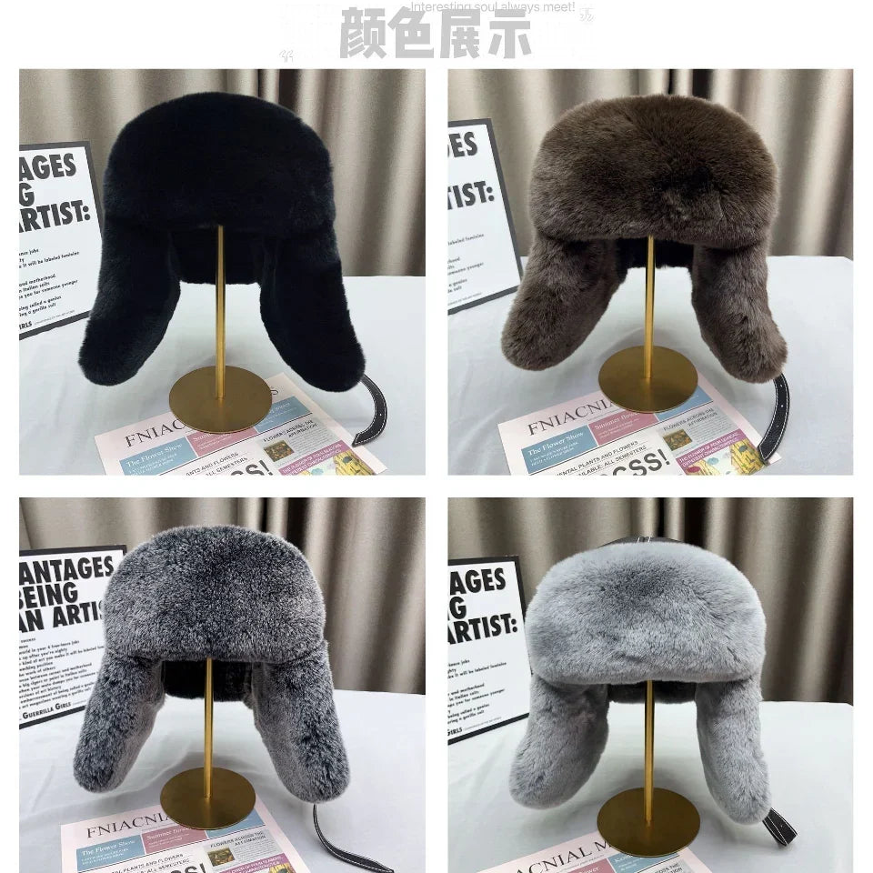 Domo Ushanka Fur Hat Winter Adult Keep Warm Cap Bomber Hats For Women Rex Rabbit Fur Hat With Ear Recommend Winter Sales
