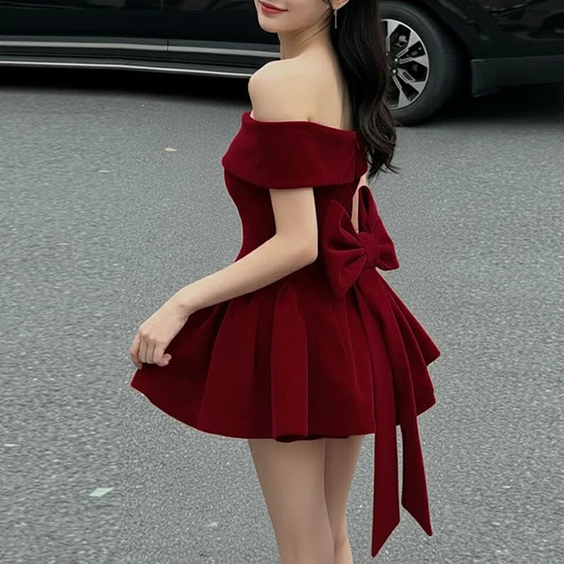 Fashion Red Bowknot Mini Dress Straps Square Collar Sleeveless Backless Vintage Cute Ladies Slim Party Short A-line Dresses