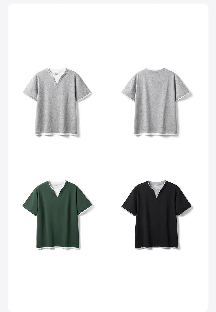 2026 Summer New Oversize 210gsm Cool Feeling Sorona Fabric Fake Double Layer T-shirts Men Comfortable Plus Size Tops